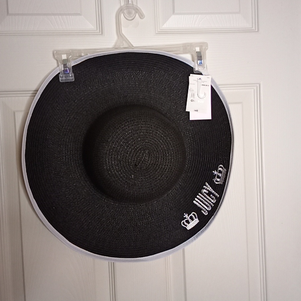New Juicy Couture Black Wide Brim Straw Beach Sun Hat w/White Trim-Juicy Couture
